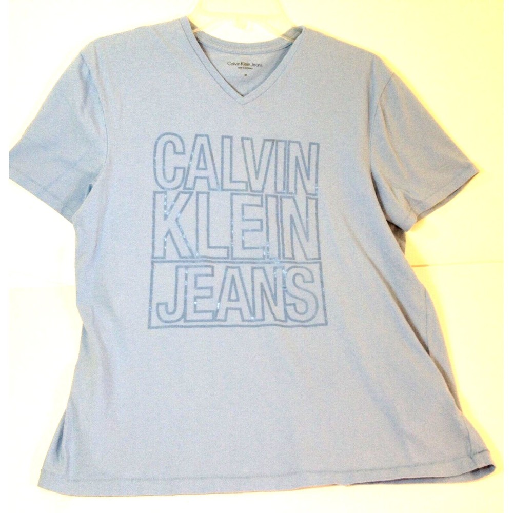 Calvin Klein Jeans Designer Tee T-Shirt Blue V Neck Size Adult Medium